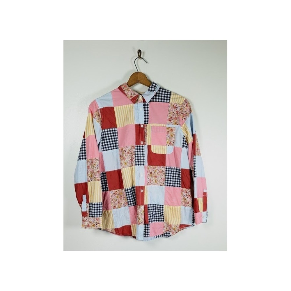 Lands End Patchwork Button Front Top Size XL Cottagecore Peasant Madras Festival